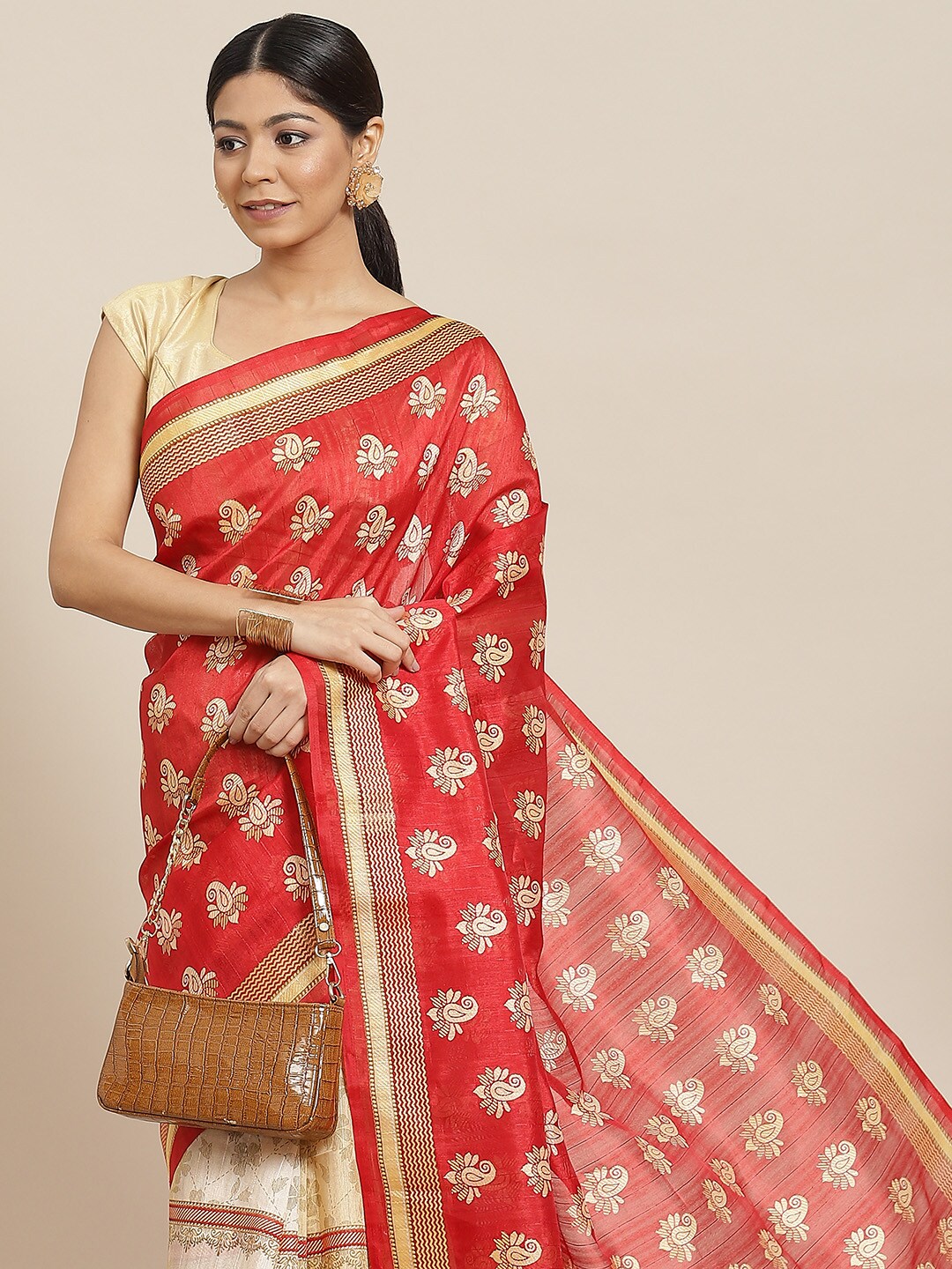 Ishin Pink & Beige Ethnic Motifs Art Silk Bhagalpuri Saree Price in India