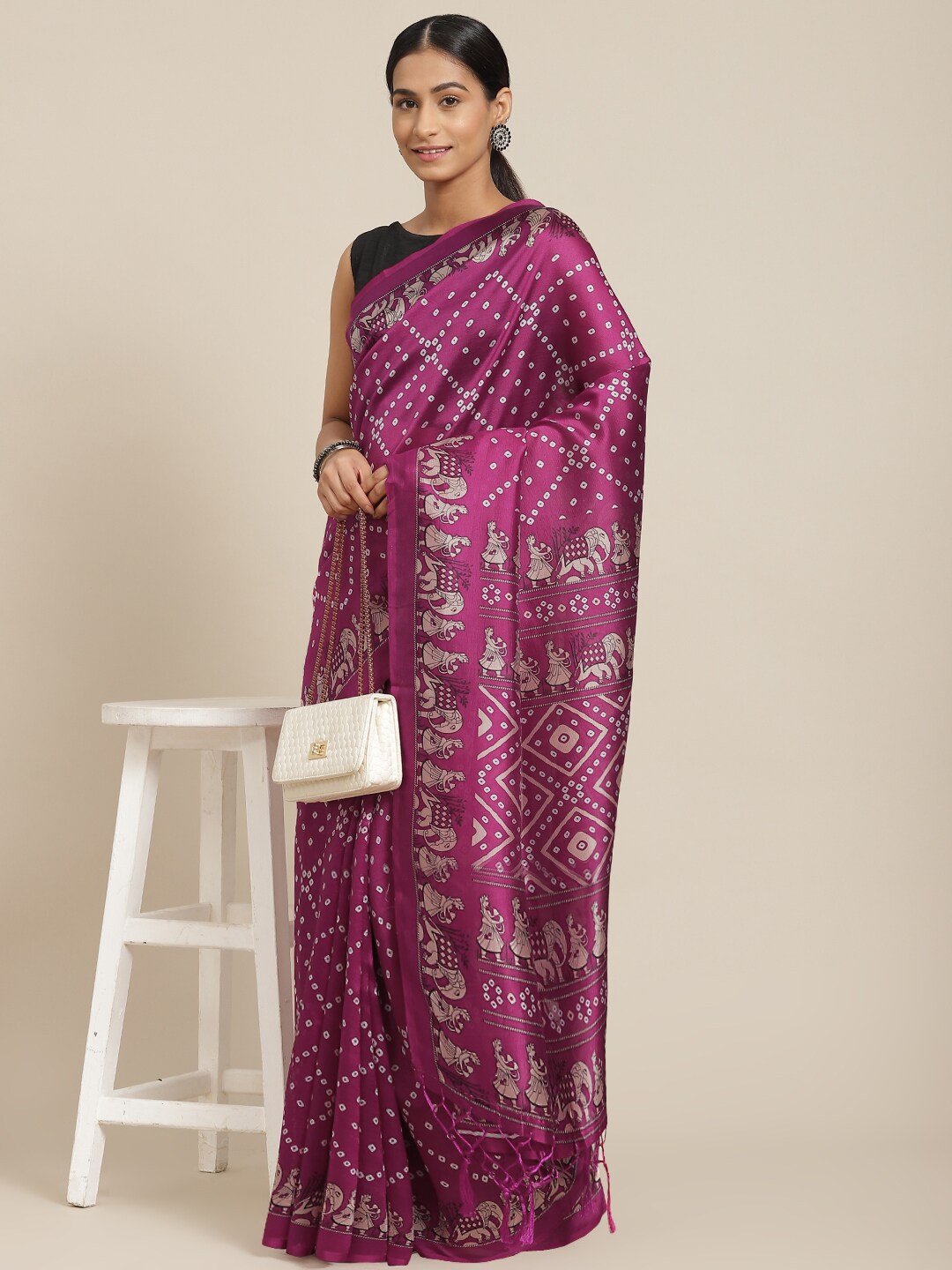 Ishin Purple & White Bandhani Art Silk Bandhani Saree Price in India