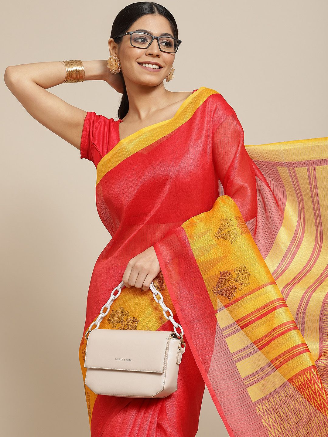 Ishin Red & Yellow Ethnic Motifs Poly Silk Saree Price in India