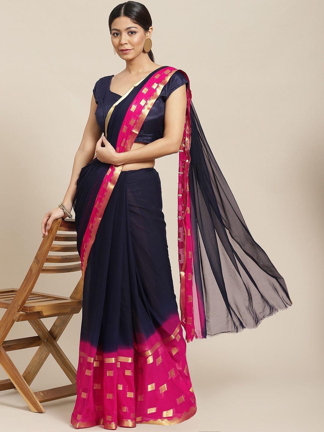 Ishin Navy Blue & Pink Poly Chiffon Zari Saree Price in India