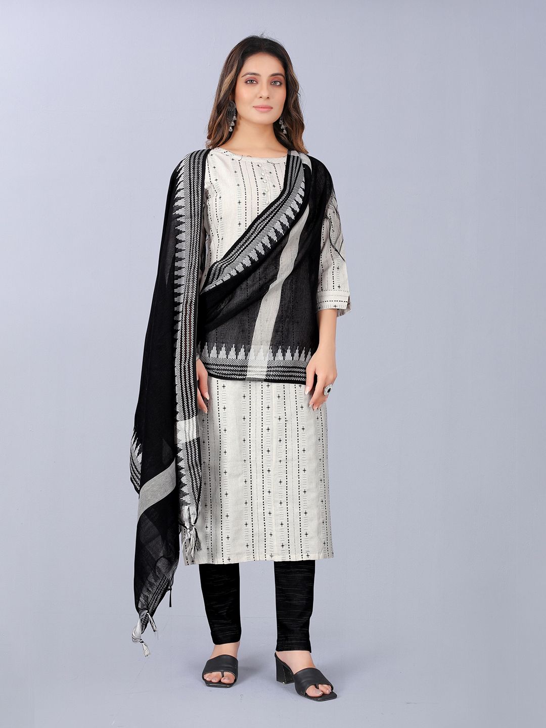 ASPORA Off White & Black Pure Cotton Unstitched Dress Material Price in India