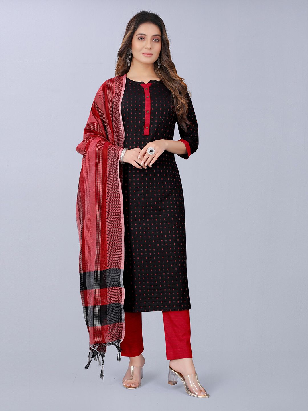 ASPORA Black & Red Pure Cotton Unstitched Dress Material Price in India