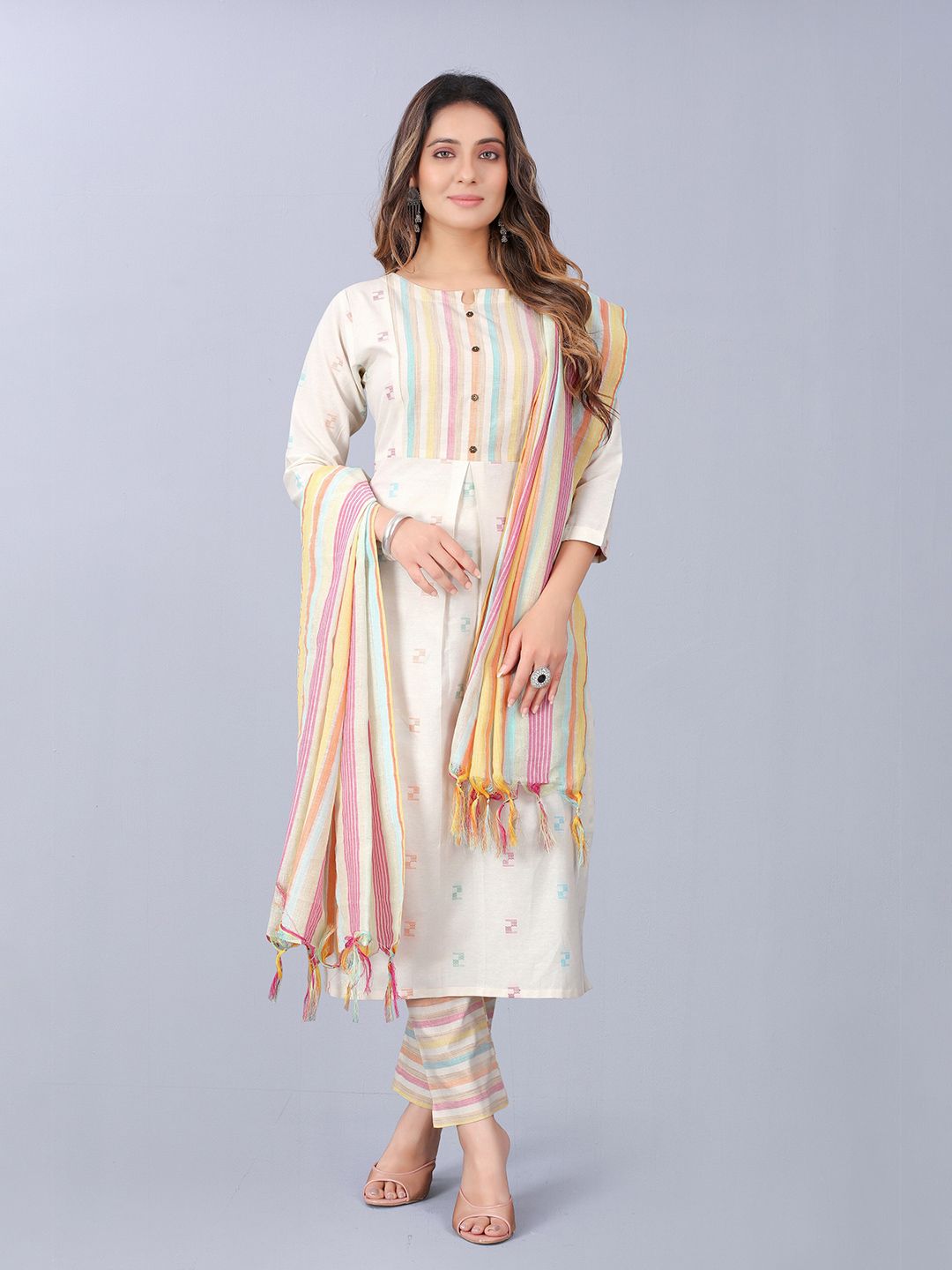 ASPORA Cream-Coloured & Pink Pure Cotton Unstitched Dress Material Price in India