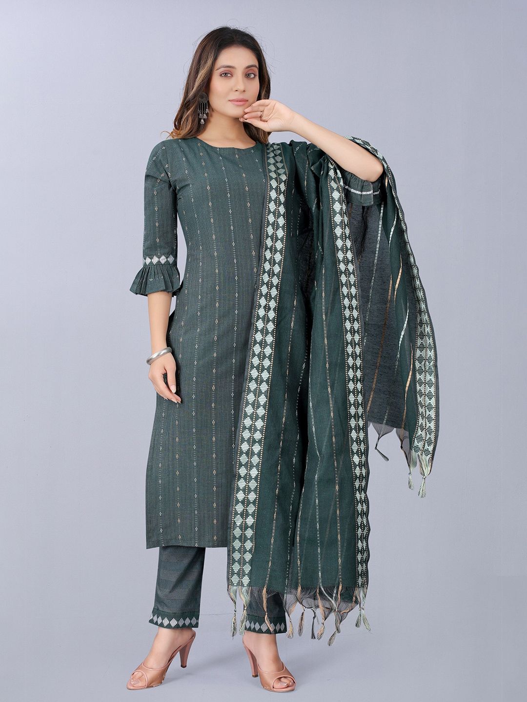 ASPORA Green & White Pure Cotton Unstitched Dress Material Price in India