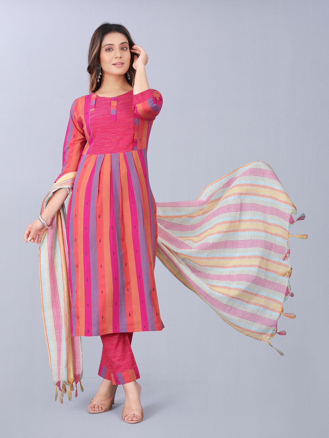 ASPORA Women Pink Striped Pleated Cotton Unstitched Dress Material Price in India