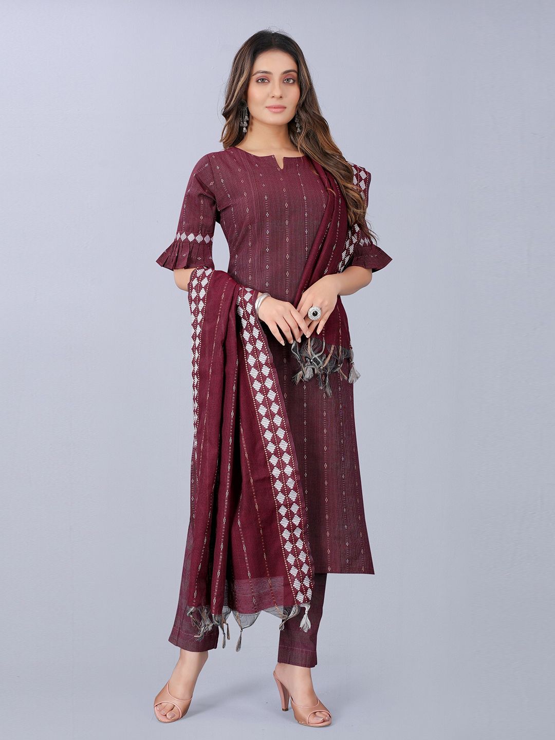 ASPORA Women Maroon & White Pure Cotton Unstitched Dress Material Price in India