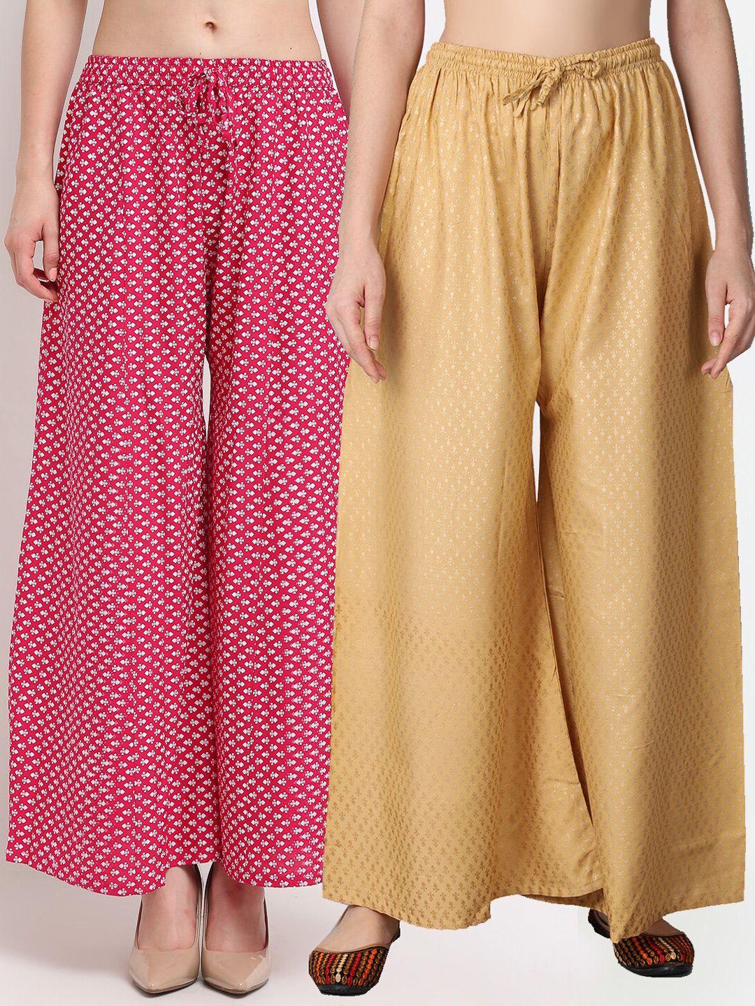 GRACIT Women Pink & Cream Set of 2 Printed Flared Knitted Ethnic Palazzos Price in India