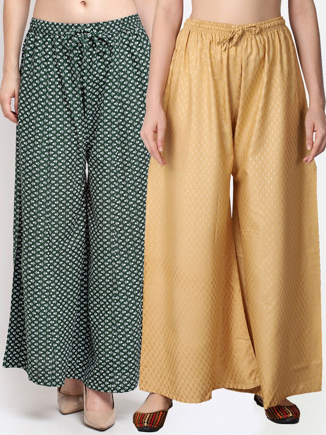 GRACIT Women Beige & Green set of 2 Printed Flared   Palazzos Price in India