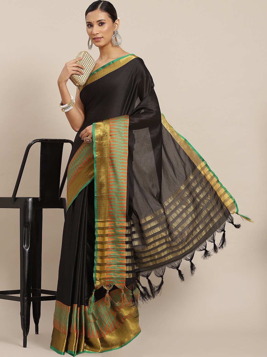 Ishin Black & Gold-Toned Zari Mysore Silk Saree Price in India