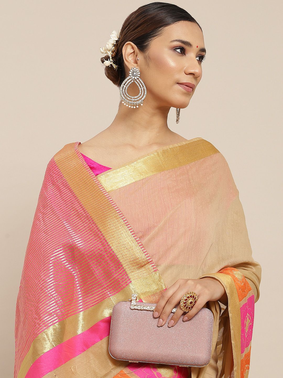 Ishin Beige & Pink Zari Chanderi Saree Price in India