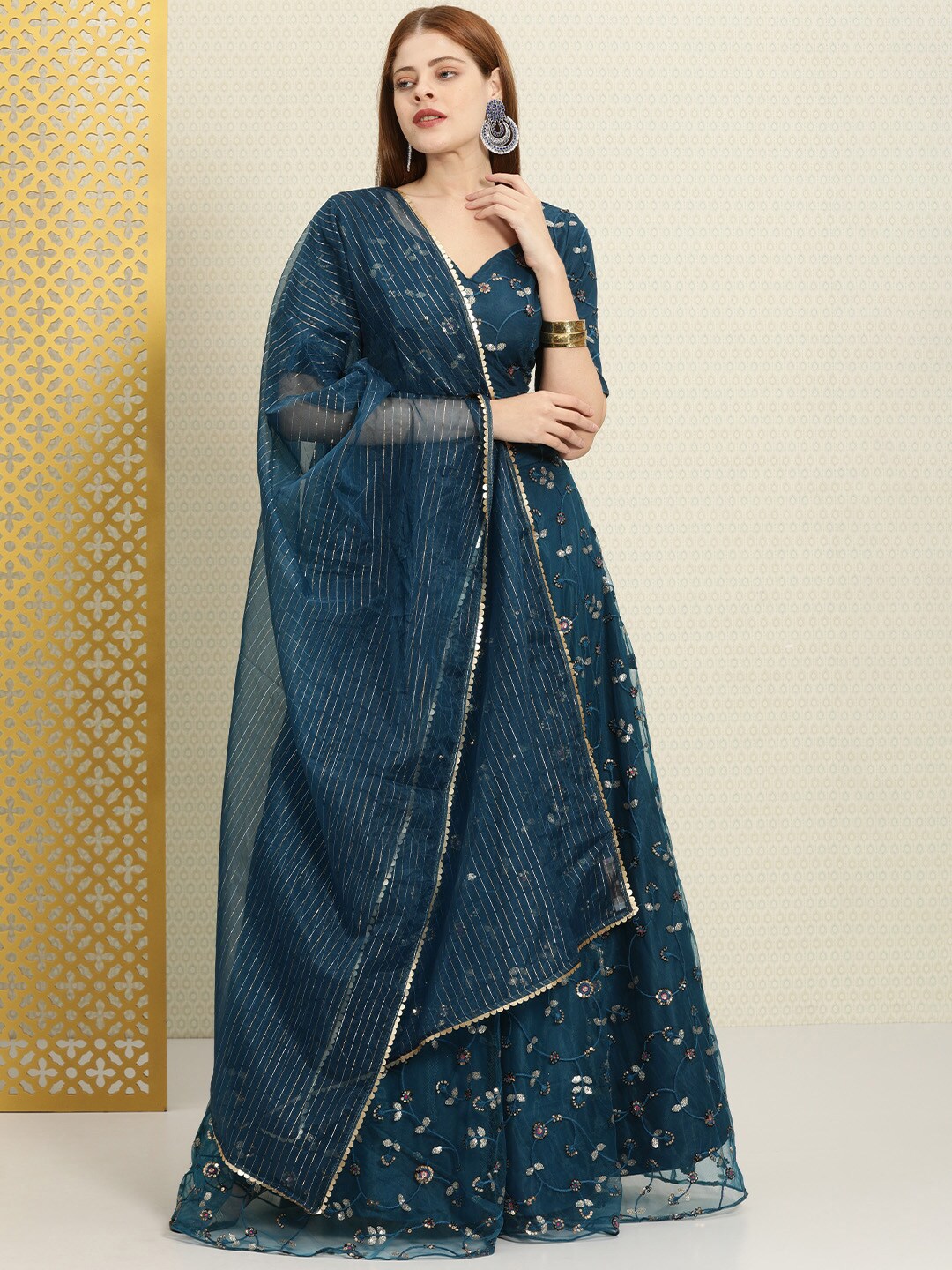House of Pataudi Teal Embroidered Sequinned Semi-Stitched Lehenga & Unstitched Blouse With Dupatta Price in India