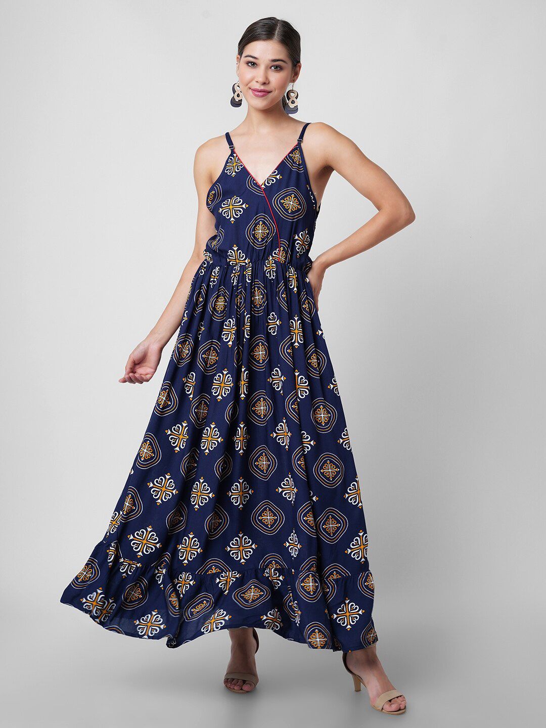 DRESSAR Blue Ethnic Motifs Printed Shoulder Strap Maxi Dress Price in India