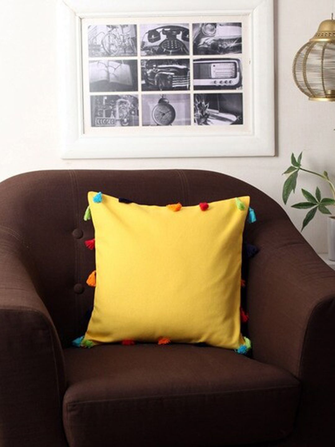 Lushomes Yellow & Blue Set of 5 Square Cotton Cushion Covers Price in India