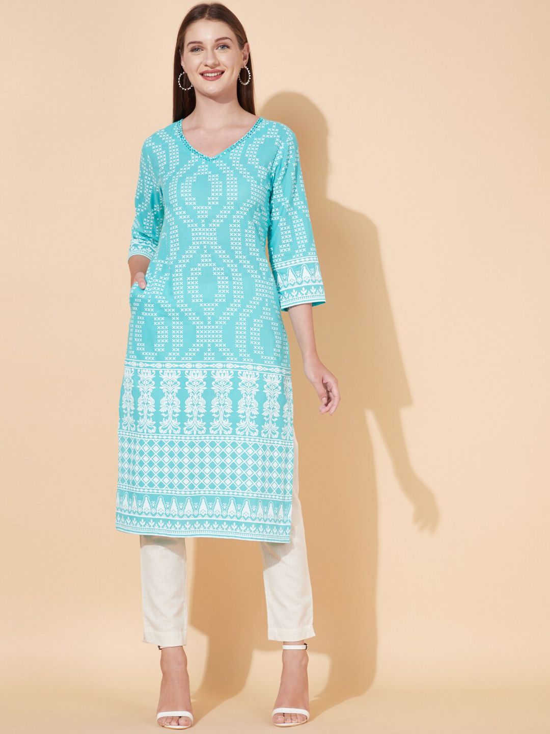 FASHOR Women Blue Geometric Printed Gotta Patti Khadi Kurta