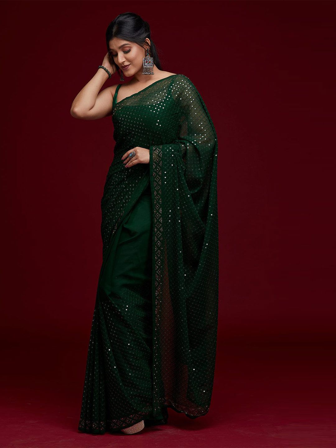 elora Women Green Embellished Sequinned Pure Georgette Bhagalpuri Saree