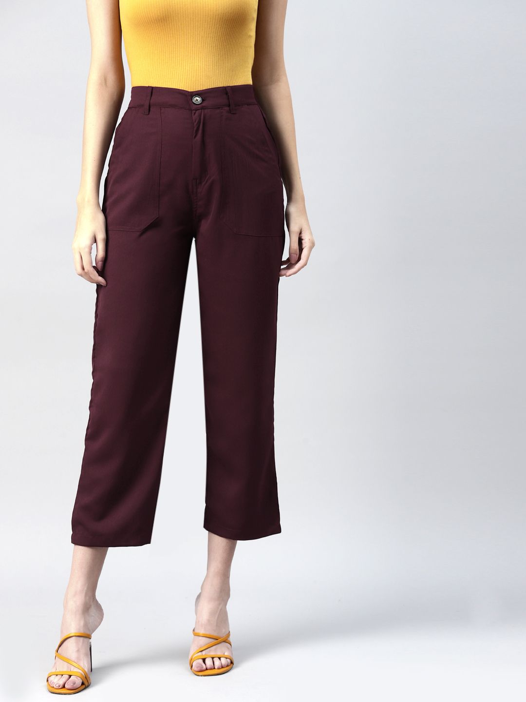 plusS Women Maroon Cropped Trousers Price in India