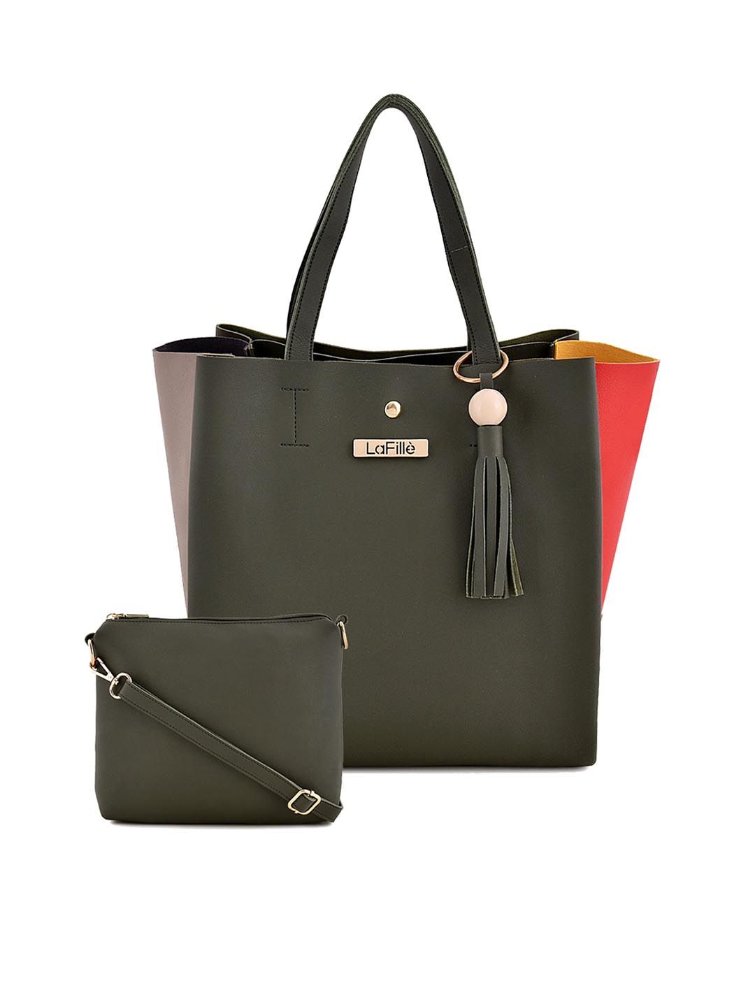LaFille Green PU Structured Tote Bag with Tasselled Price in India