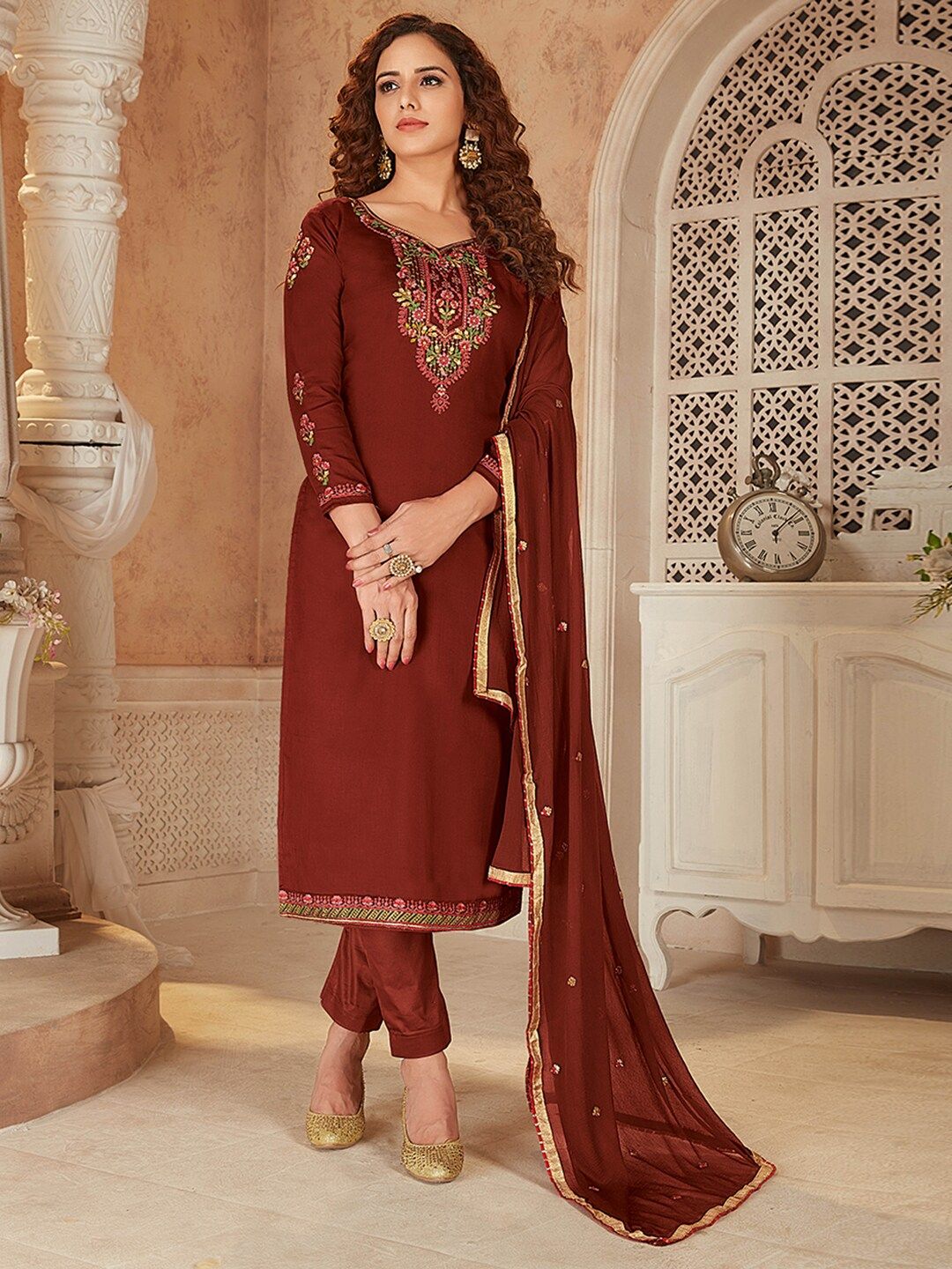 Shaily Brown & Green Embroidered Pure Cotton Unstitched Dress Material Price in India