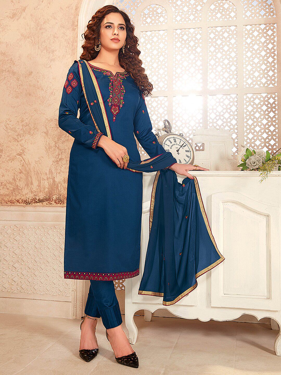 Shaily Navy Blue & Red Embroidered Pure Cotton Unstitched Dress Material Price in India