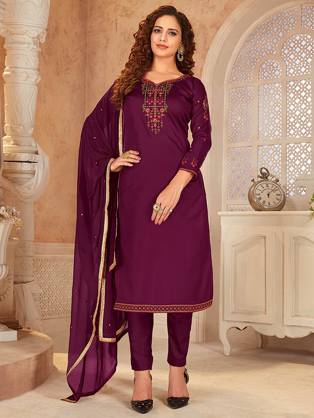 Shaily Magenta & Green Embroidered Pure Cotton Unstitched Dress Material Price in India