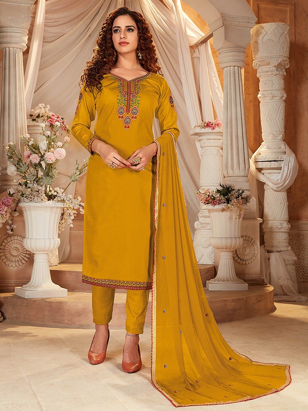 Shaily Mustard & Red Embroidered Pure Cotton Unstitched Dress Material Price in India