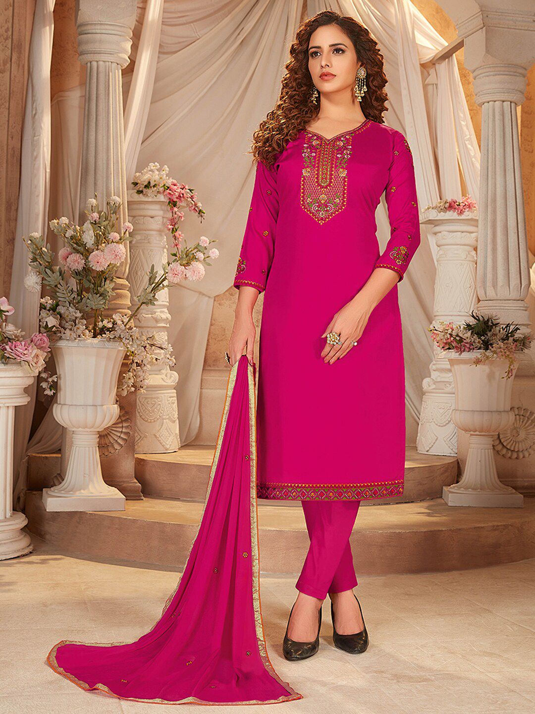 Shaily Pink & Red Embroidered Pure Cotton Unstitched Dress Material Price in India