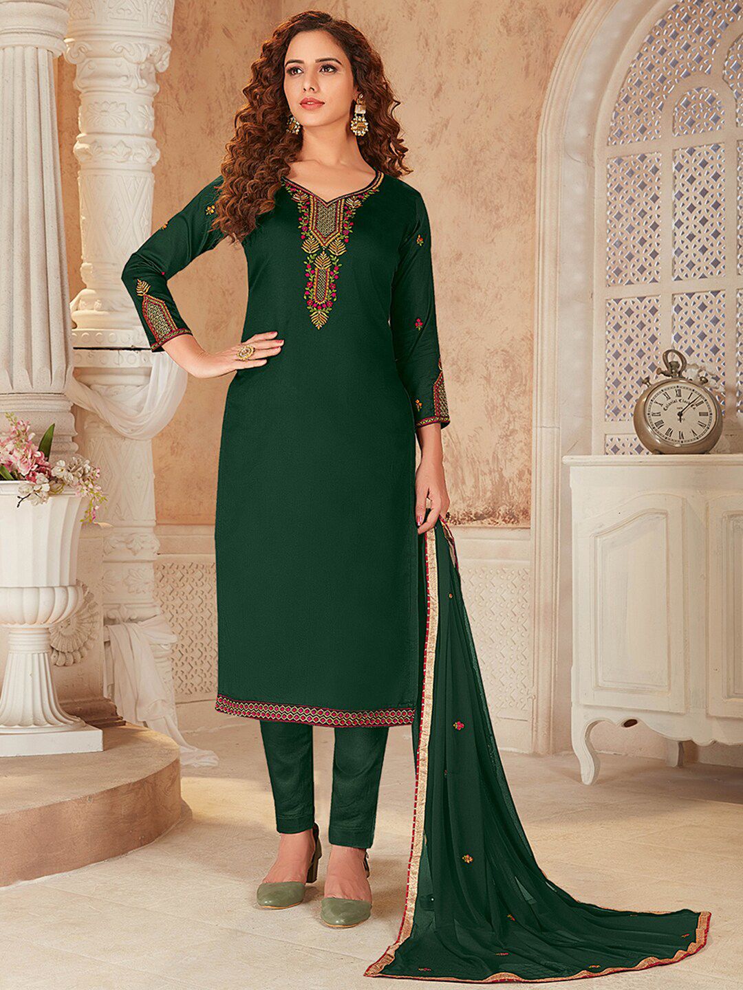 Shaily Green & Pink Embroidered Pure Cotton Unstitched Dress Material Price in India