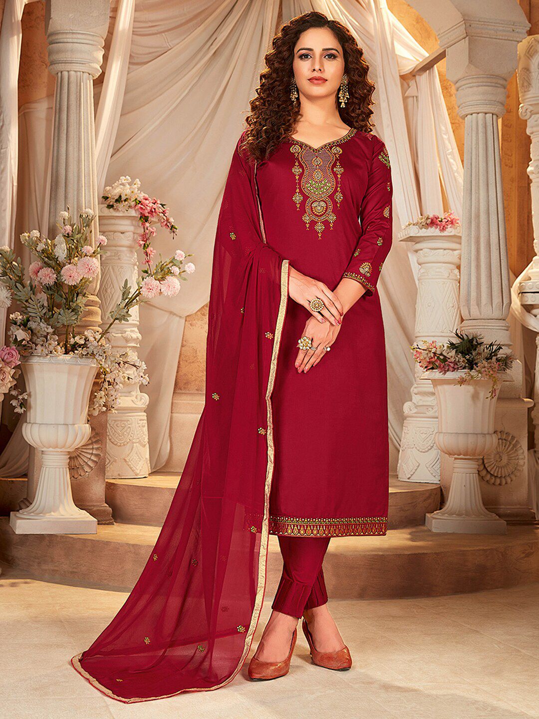 Shaily Maroon & Green Embroidered Pure Cotton Unstitched Dress Material Price in India