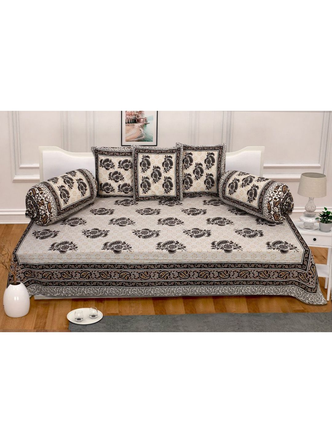 INDHOME LIFE Set Of 8 Coffee-Brown & Beige Printed Bedsheet With 2 Bolsters & 3 Pure Cotton Cushion Covers Price in India