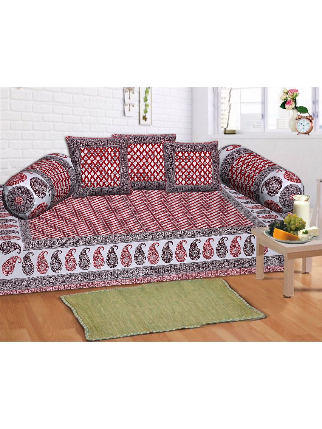 INDHOME LIFE Set Of 6 Red & Brown Printed  Cotton Bedsheet With Bolster & Cushion Covers Price in India