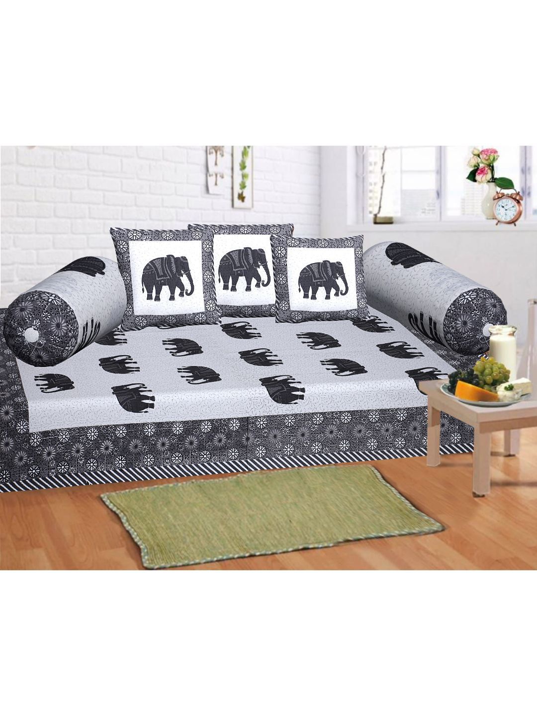 INDHOME LIFE Set Of 6 White & Black Printed Pure Cotton Single Bedsheet With Bolster Covers & Cushion Covers Price in India