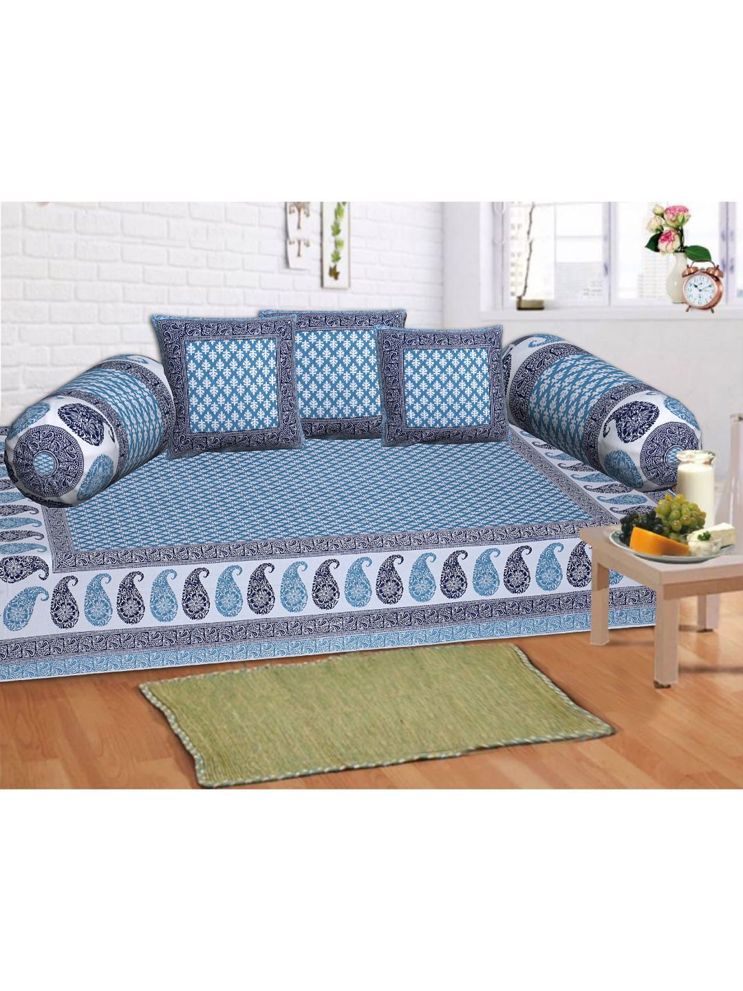 INDHOME LIFE Set Of 6 Blue & White Single Bedsheet With Bolster & Cushion Cover 300TC Price in India