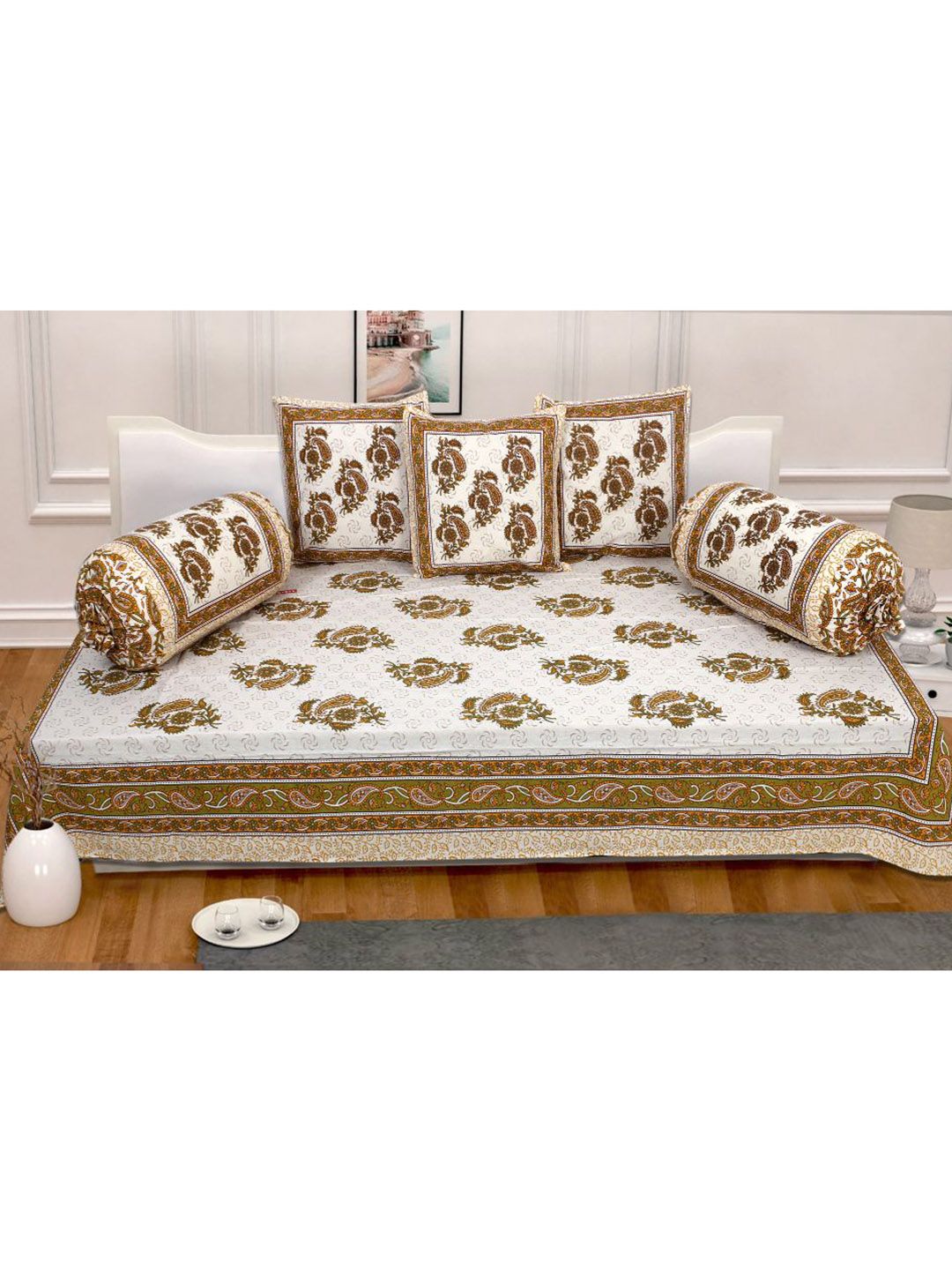 INDHOME LIFE White & Brown Printed Pure Cotton Diwan Set Price in India