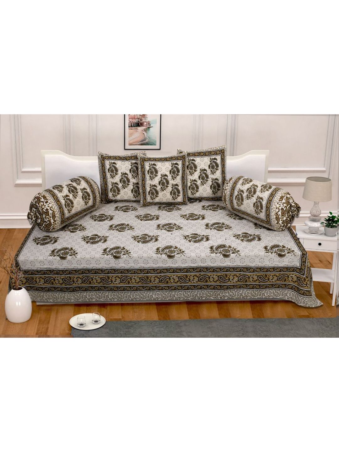 INDHOME LIFE Set Of 6 White & Brown Printed  Cotton Bedsheet With 2 Bolster & 3 Cushion Covers Price in India