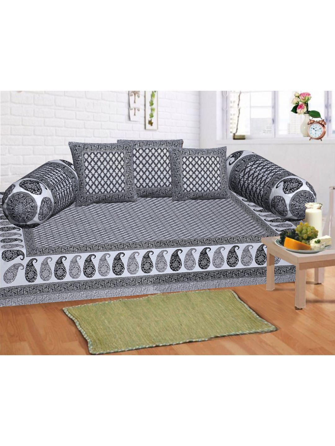 INDHOME LIFE Set Of 6 Black & White Printed Bedsheet With 2 Bolsters & 3 Pure Cotton Cushion Covers Price in India
