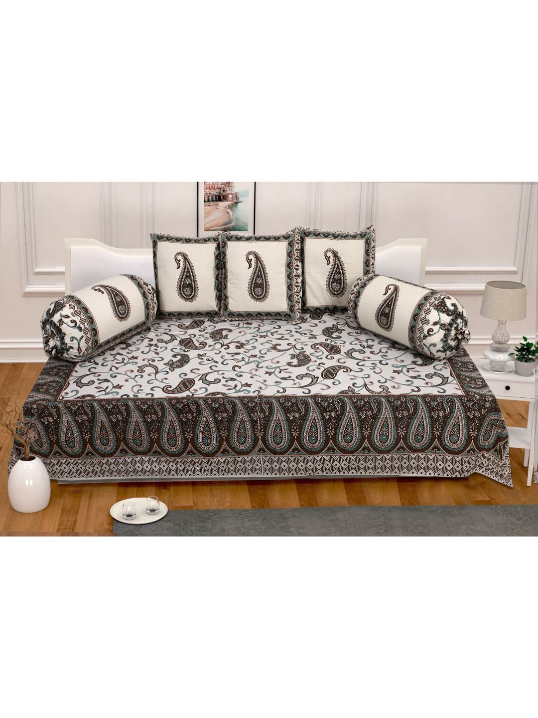 INDHOME LIFE Set Of 6 Brown & Beige Printed Pure Cotton Single Bedsheet With Bolster Covers & Cushion Covers Price in India