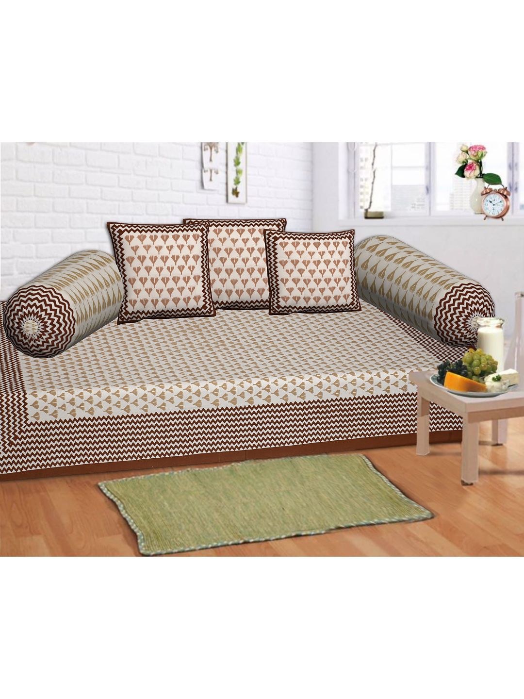 INDHOME LIFEn Brown 1bedsheet with 3 Cushions Covers & 2 Bolster Covers Cotton Diwan Set Price in India