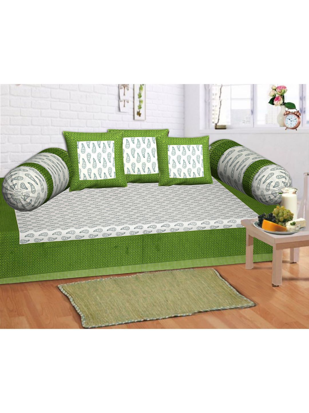 INDHOME LIFE Green & White Cotton Set Of 6 Single Bedsheet With Bolster & Cushion Covers Price in India