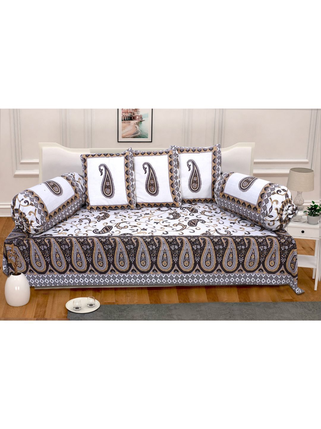 INDHOME LIFE Set Of 6 White & Black Printed  Cotton Bedsheet With Bolster & Cushion Covers Price in India
