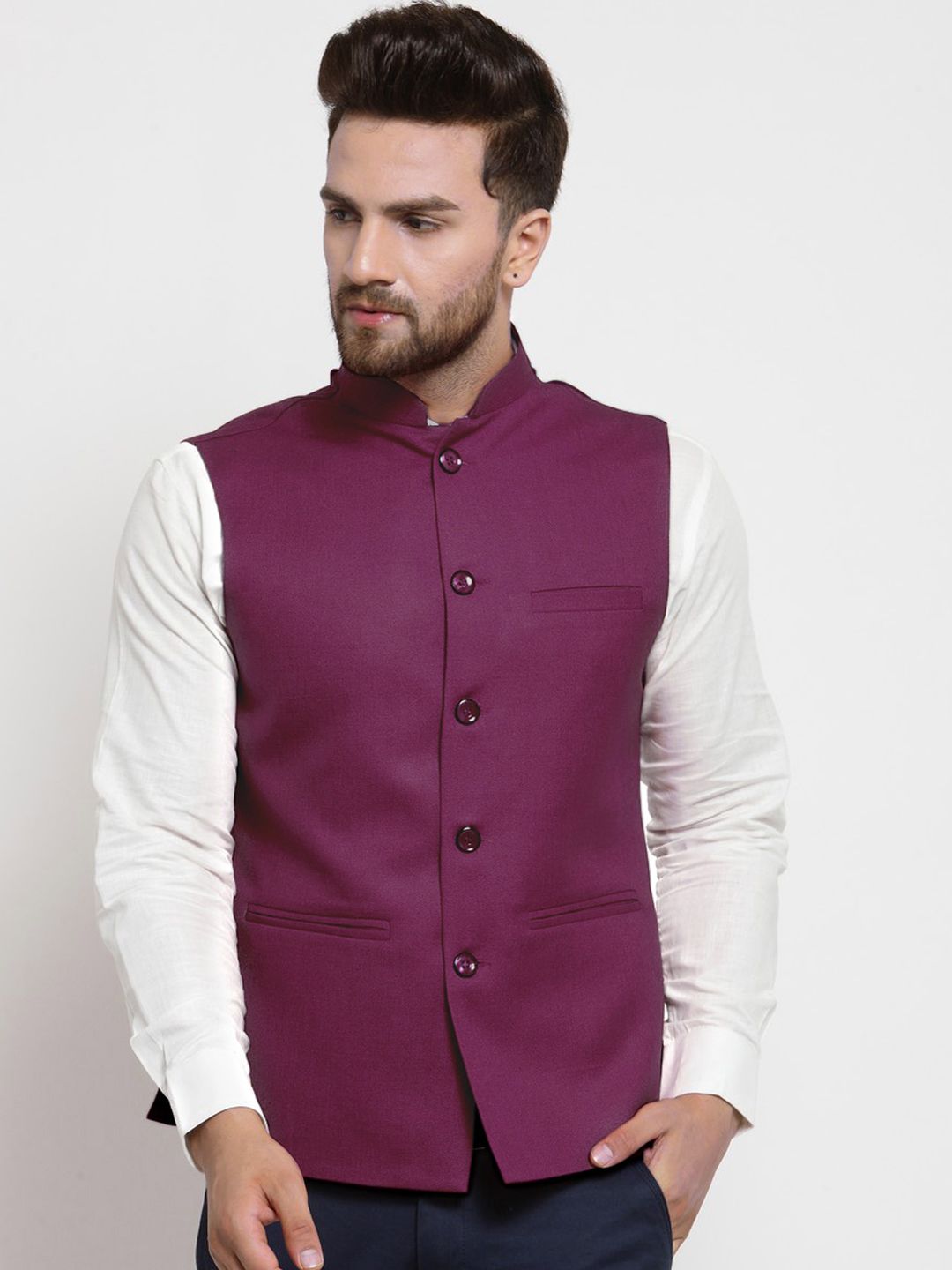 TREEMODA Men Purple Solid Woven Nehru Jackets