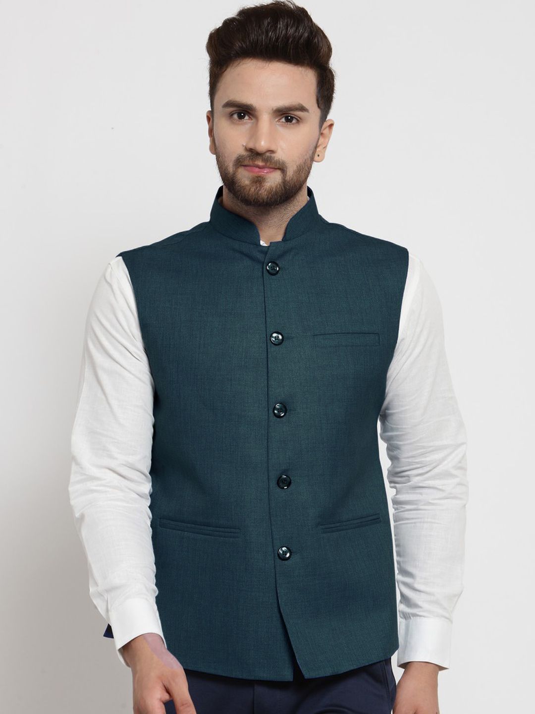 TREEMODA Men Teal-Blue Solid Woven Nehru Jacket