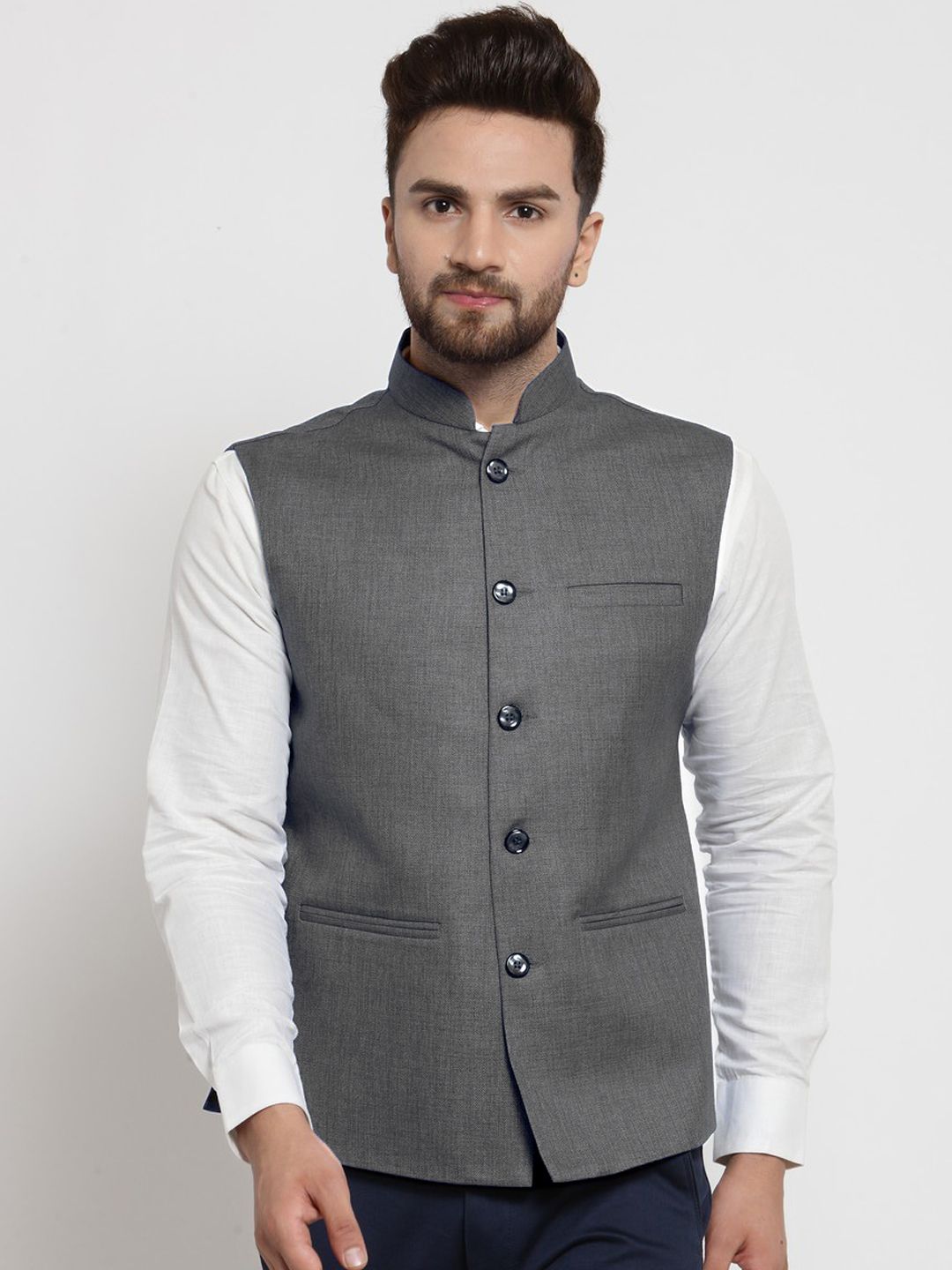 TREEMODA Men Grey Solid Nehru Jackets