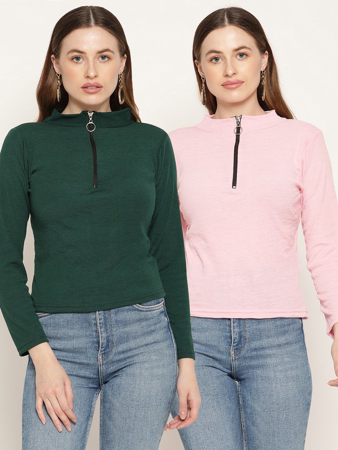 Miaz Lifestyle Pack Of 2 Green & Pink Solid Top Price in India