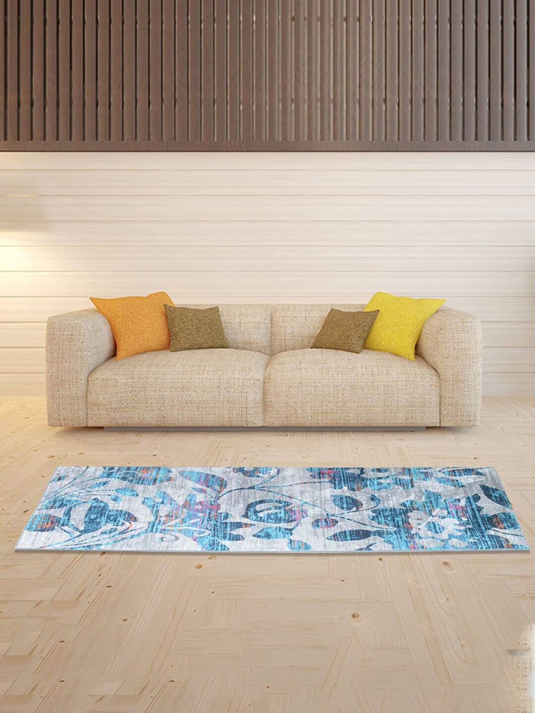 Athome by Nilkamal Grey & Blue Printed Floor Carpet Price in India