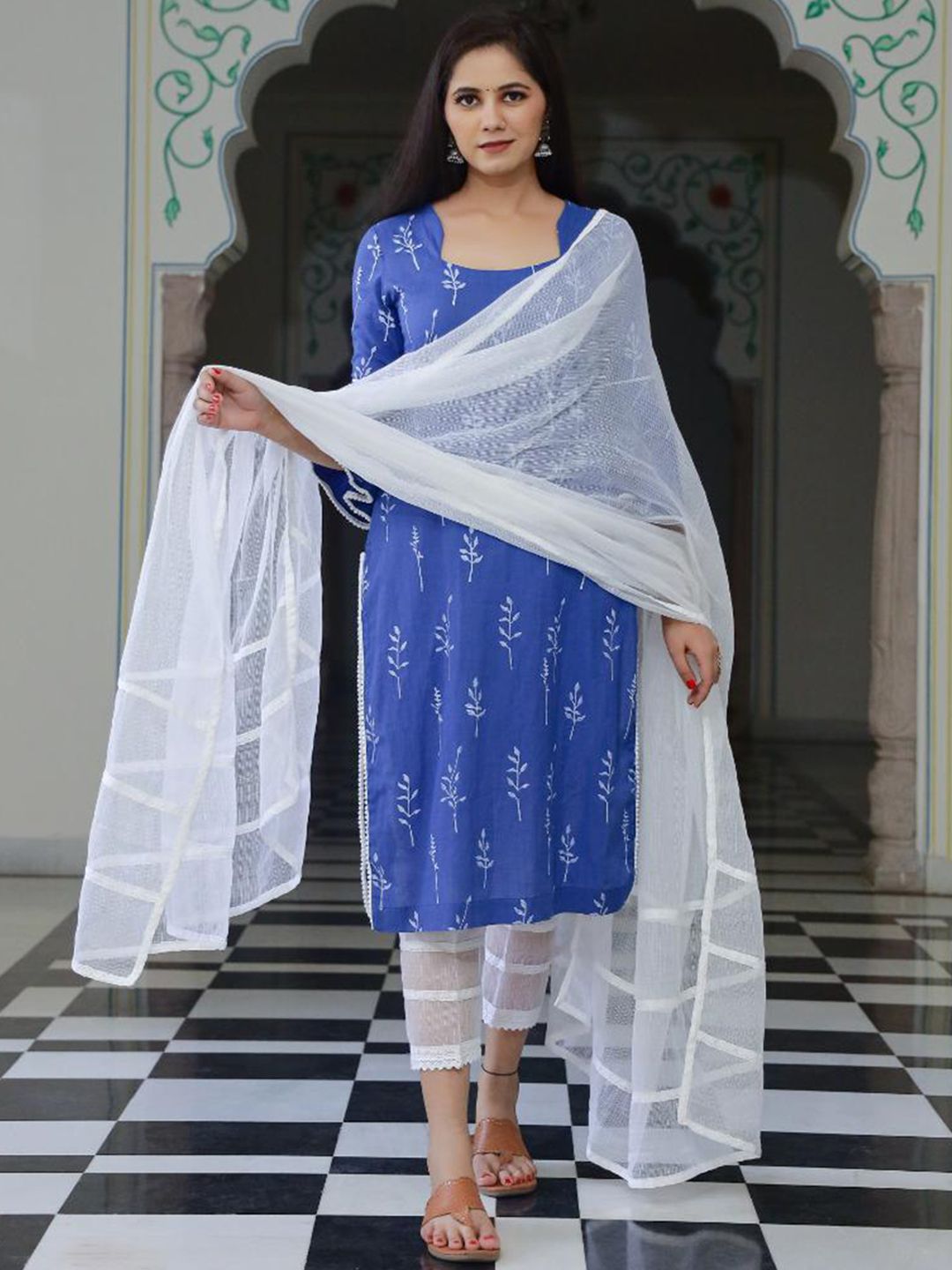 Baisacrafts Women Blue Panelled Pure Cotton Kurta with Trousers & With Dupatta Price in India