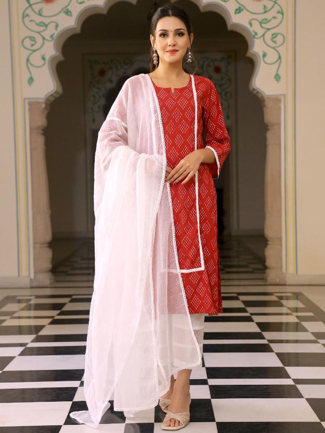 Baisacrafts Women Red Printed Pure Cotton Kurta with Salwar & With Dupatta Price in India