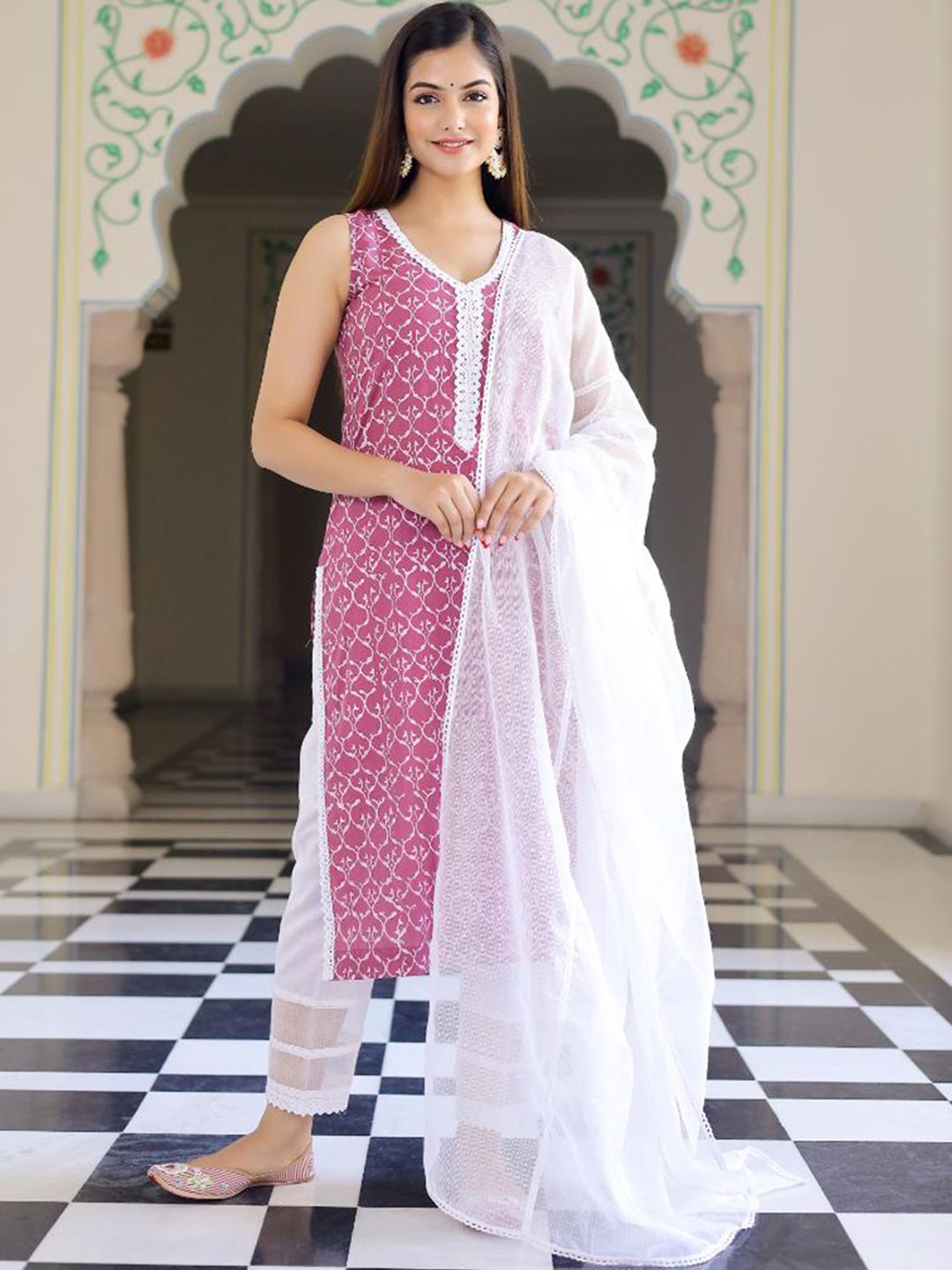 Baisacrafts Women Rose Printed Pure Cotton Kurta with Churidar & Dupatta Price in India