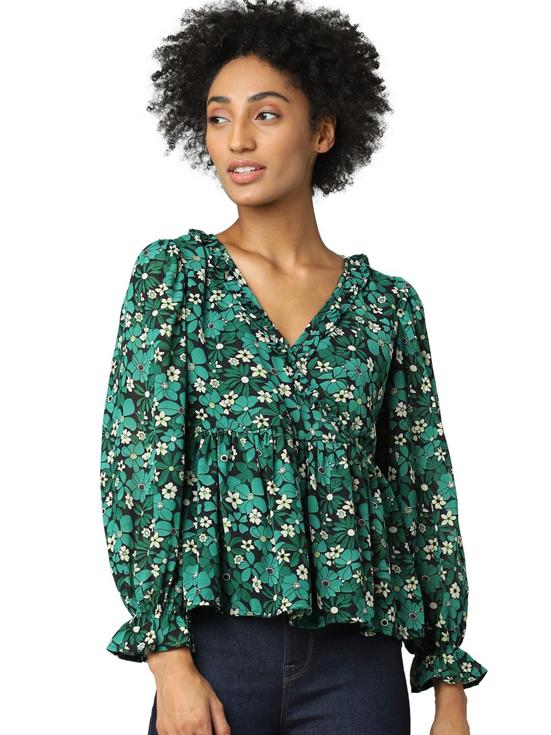 ONLY Green Floral Print Peplum Top Price in India