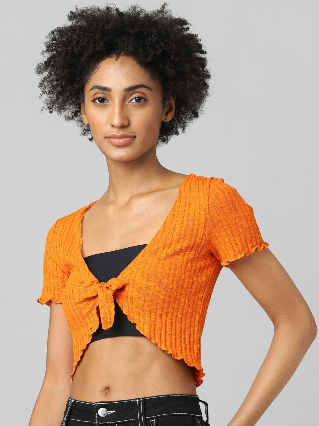 ONLY Women Orange Crop Tie-Up Shrug Price in India