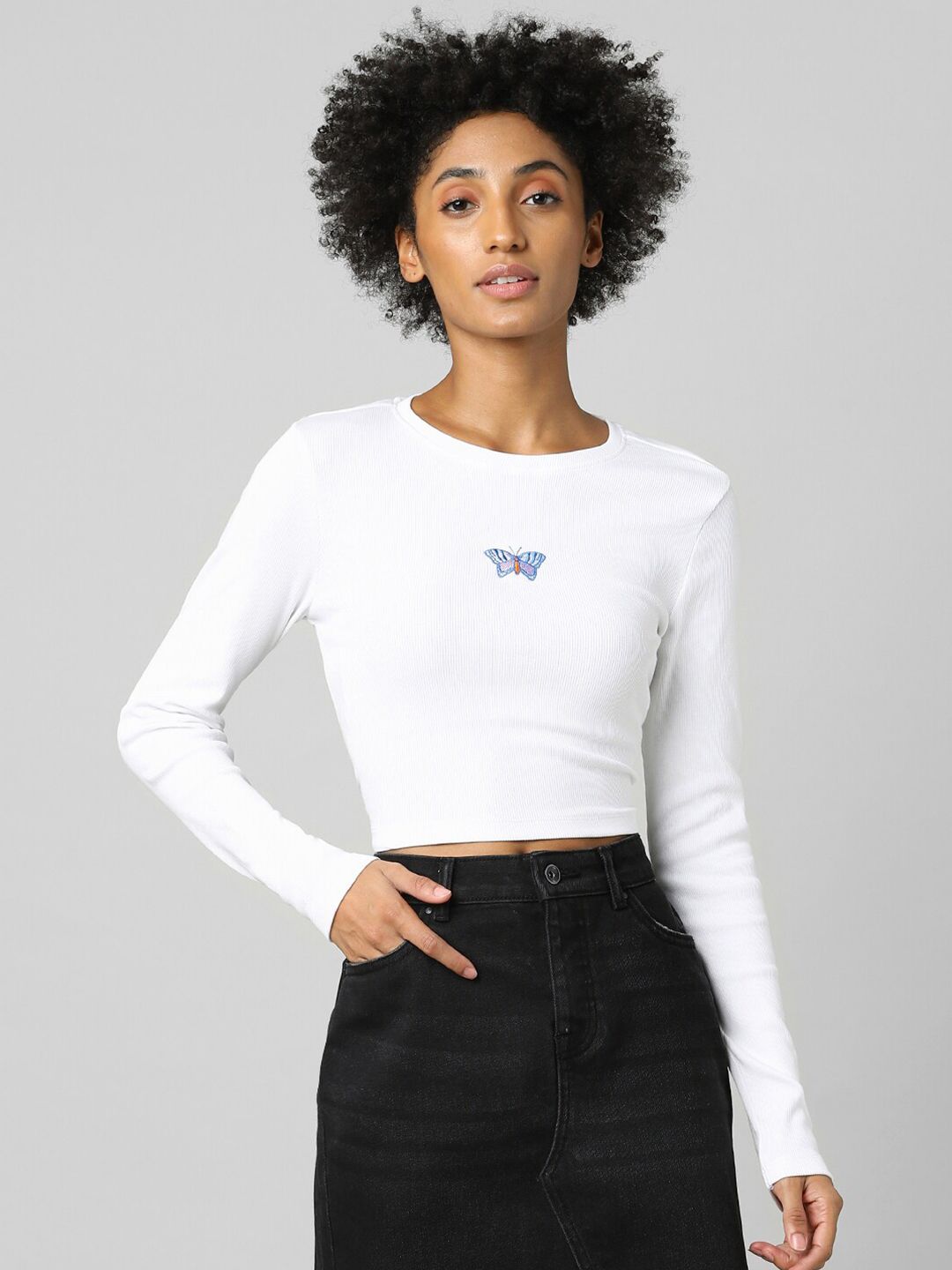 ONLY Women White Solid Full Sleeve Crop Top Price in India